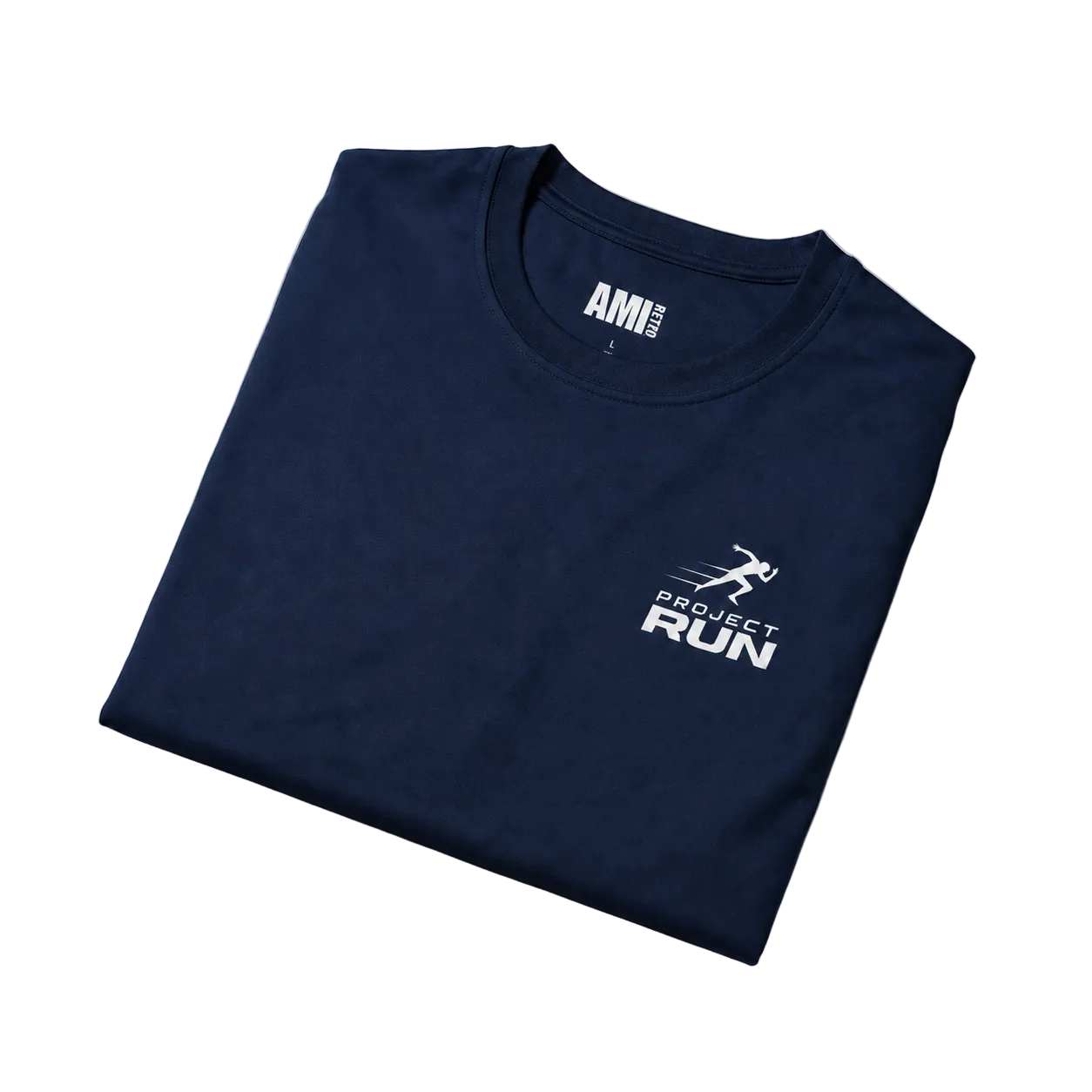 Folded navy blue t-shirt with 'Project Run' logo on a light gray background