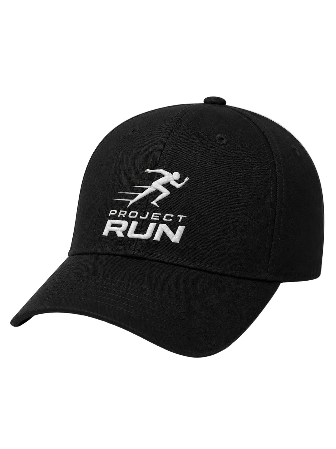 Black cap with 'PROJECT RUN' logo on a light gray background