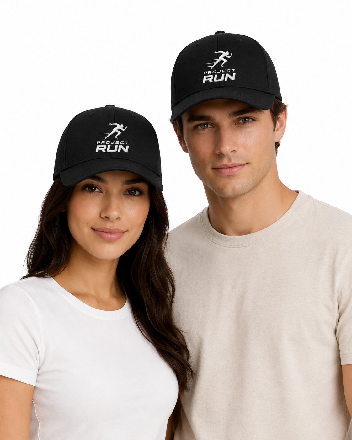 Two people wearing black 'PROJECT RUN' hats on a white background