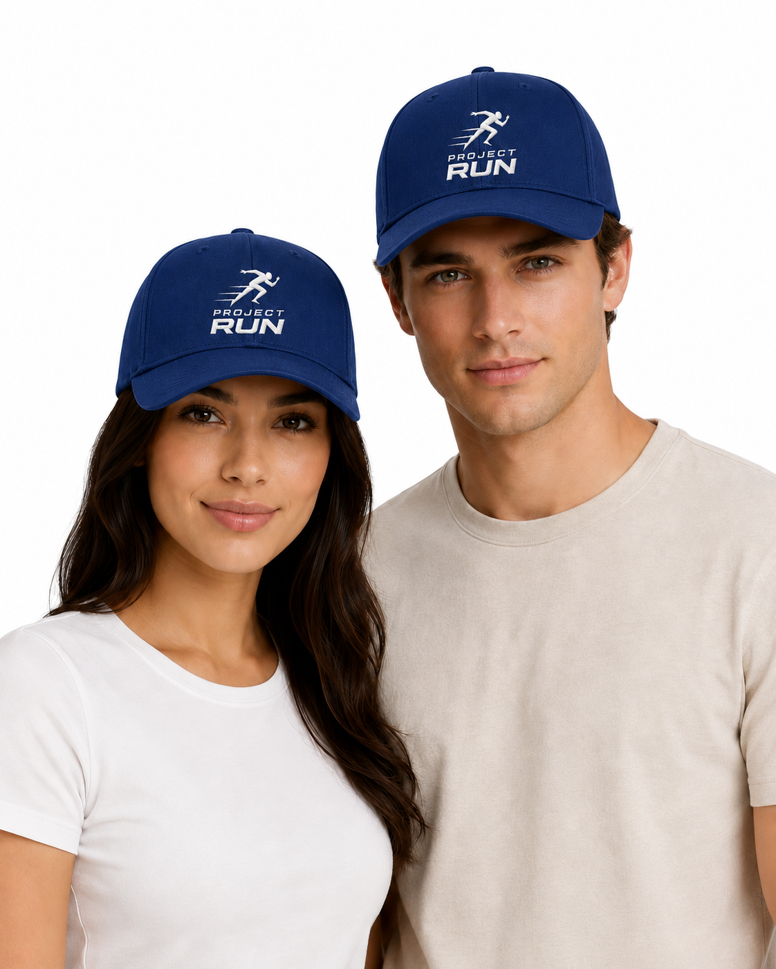 Two people wearing blue 'PROJECT RUN' hats on a white background