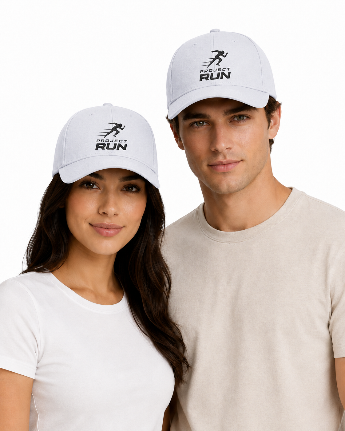 Two people wearing white caps with 'PROJECT RUN' logo on a white background