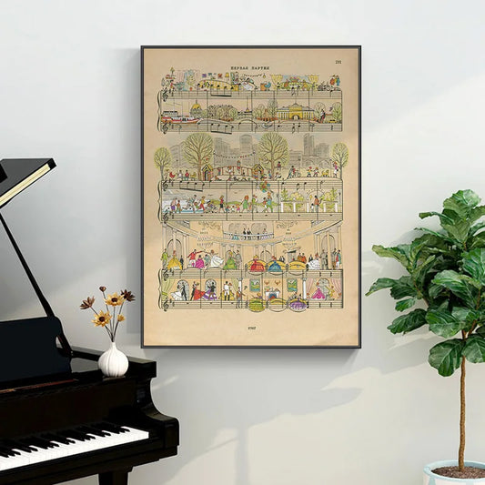 Vintage Piano Score Canvas Painting Cute Animal Sheet Music Posters and Prints for Music Classroom Wall Decoration Wall Art