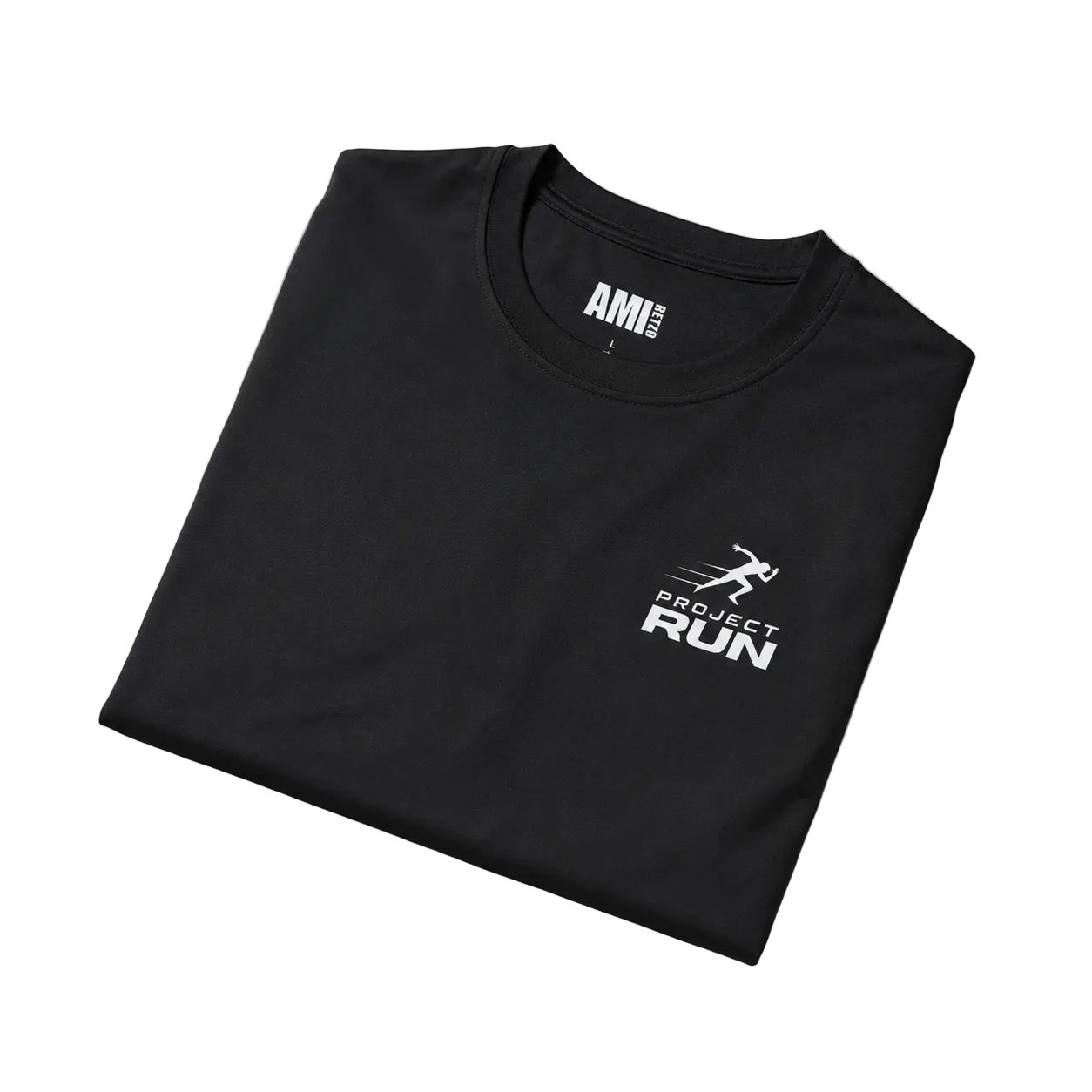 Folded black t-shirt with 'Project Run' logo on a light gray background